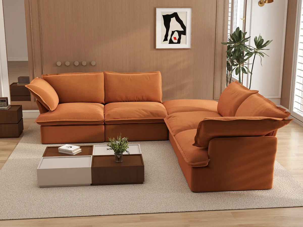 Deluxe Cloud Dark Orange 4-Seater V-Shaped Sofa with Storage | 5-Piece (includes 1 ottoman), Velvet Fabric, Washable Covers