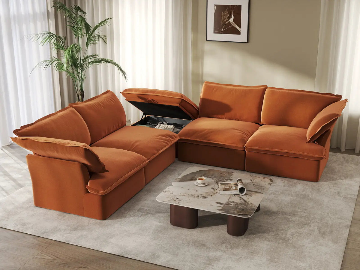 Deluxe Cloud Dark Orange 4-Seater V-Shaped Sofa with Storage | 5-Piece (includes 1 ottoman), Velvet Fabric, Washable Covers