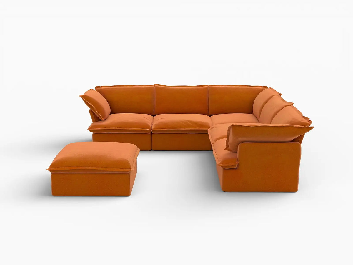 Deluxe Cloud Dark Orange 5-Seater Sofa with Storage | 6-Piece (includes 1 ottoman), Velvet Fabric, Washable Covers