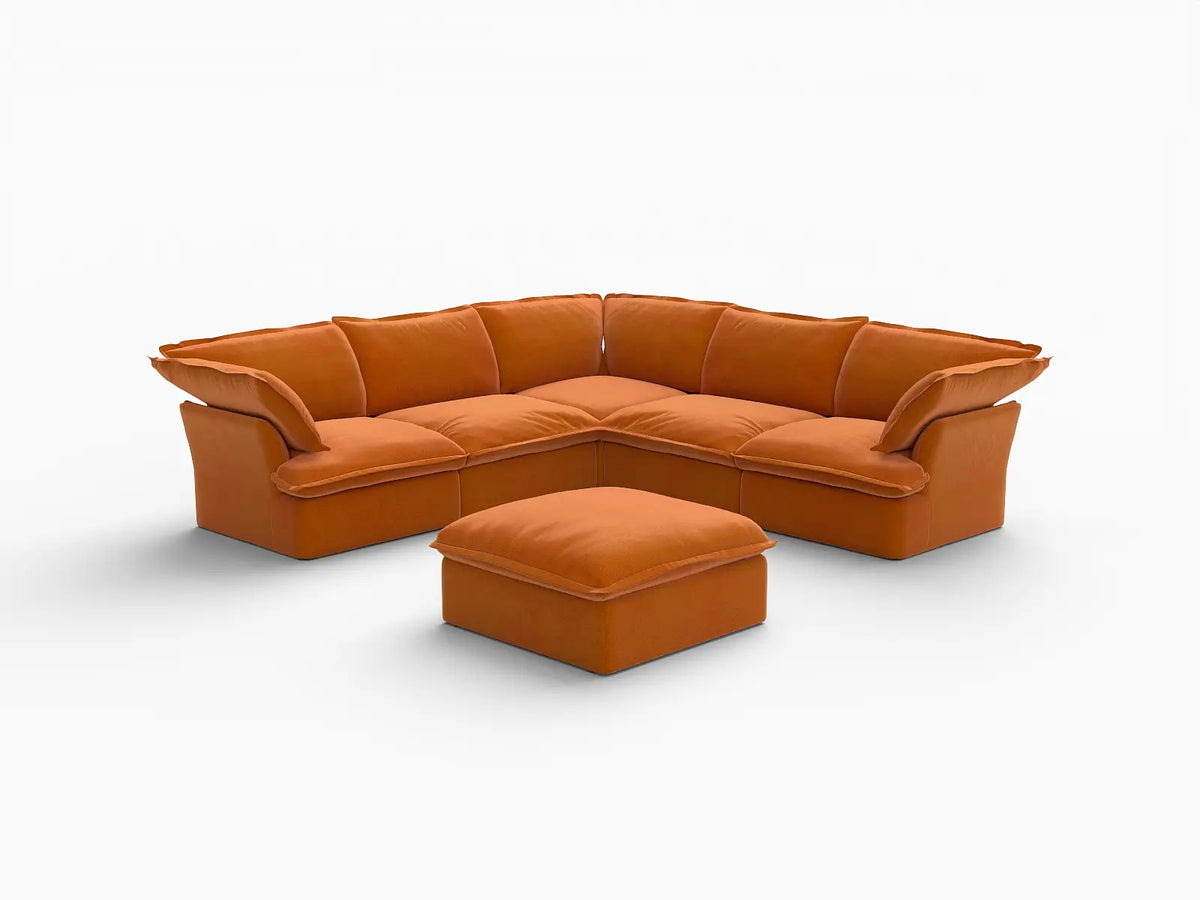 Deluxe Cloud Dark Orange 5-Seater Sofa with Storage | 6-Piece (includes 1 ottoman), Velvet Fabric, Washable Covers