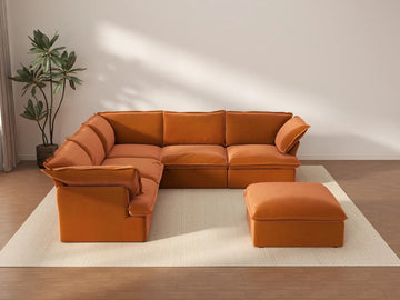 Deluxe Cloud Dark Orange 5-Seater Sofa with Storage | 6-Piece (includes 1 ottoman), Velvet Fabric, Washable Covers