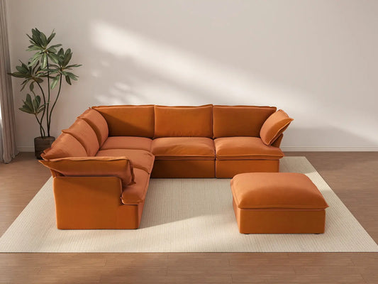 Deluxe Cloud Dark Orange 5-Seater Sofa with Storage | 6-Piece (includes 1 ottoman), Velvet Fabric, Washable Covers