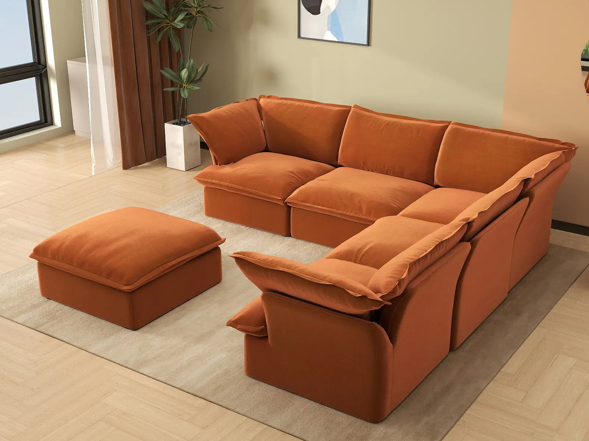 Deluxe Cloud Dark Orange 5-Seater Sofa with Storage | 6-Piece (includes 1 ottoman), Velvet Fabric, Washable Covers