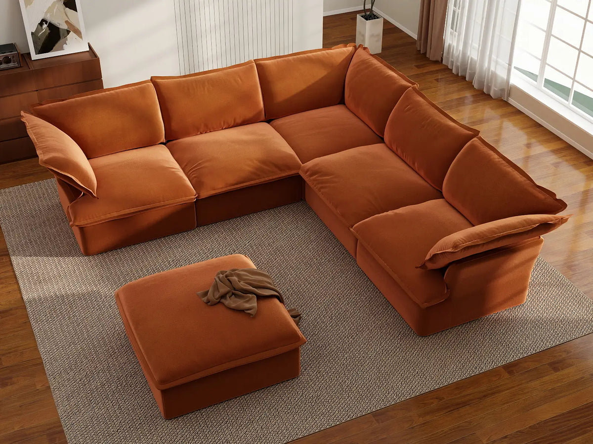 Deluxe Cloud Dark Orange 5-Seater Sofa with Storage | 6-Piece (includes 1 ottoman), Velvet Fabric, Washable Covers