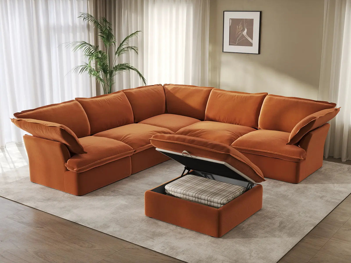 Deluxe Cloud Dark Orange 5-Seater Sofa with Storage | 6-Piece (includes 1 ottoman), Velvet Fabric, Washable Covers