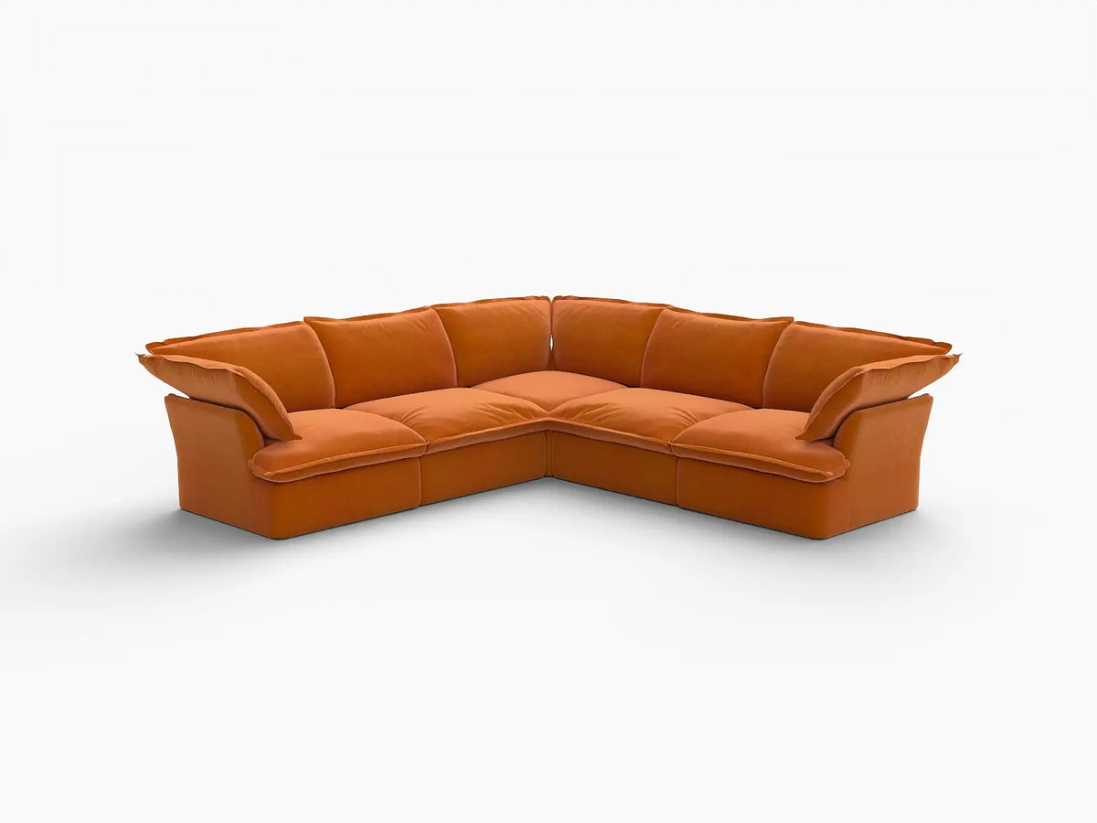 Deluxe Cloud Dark Orange 5-Seater V-Shaped Sofa | 5-Piece, Velvet Fabric, Washable Covers