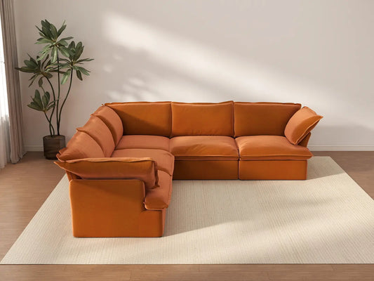 Deluxe Cloud Dark Orange 5-Seater V-Shaped Sofa | 5-Piece, Velvet Fabric, Washable Covers