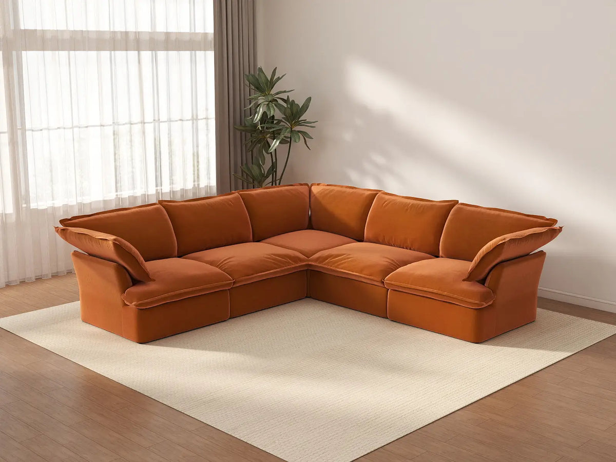 Deluxe Cloud Dark Orange 5-Seater V-Shaped Sofa | 5-Piece, Velvet Fabric, Washable Covers