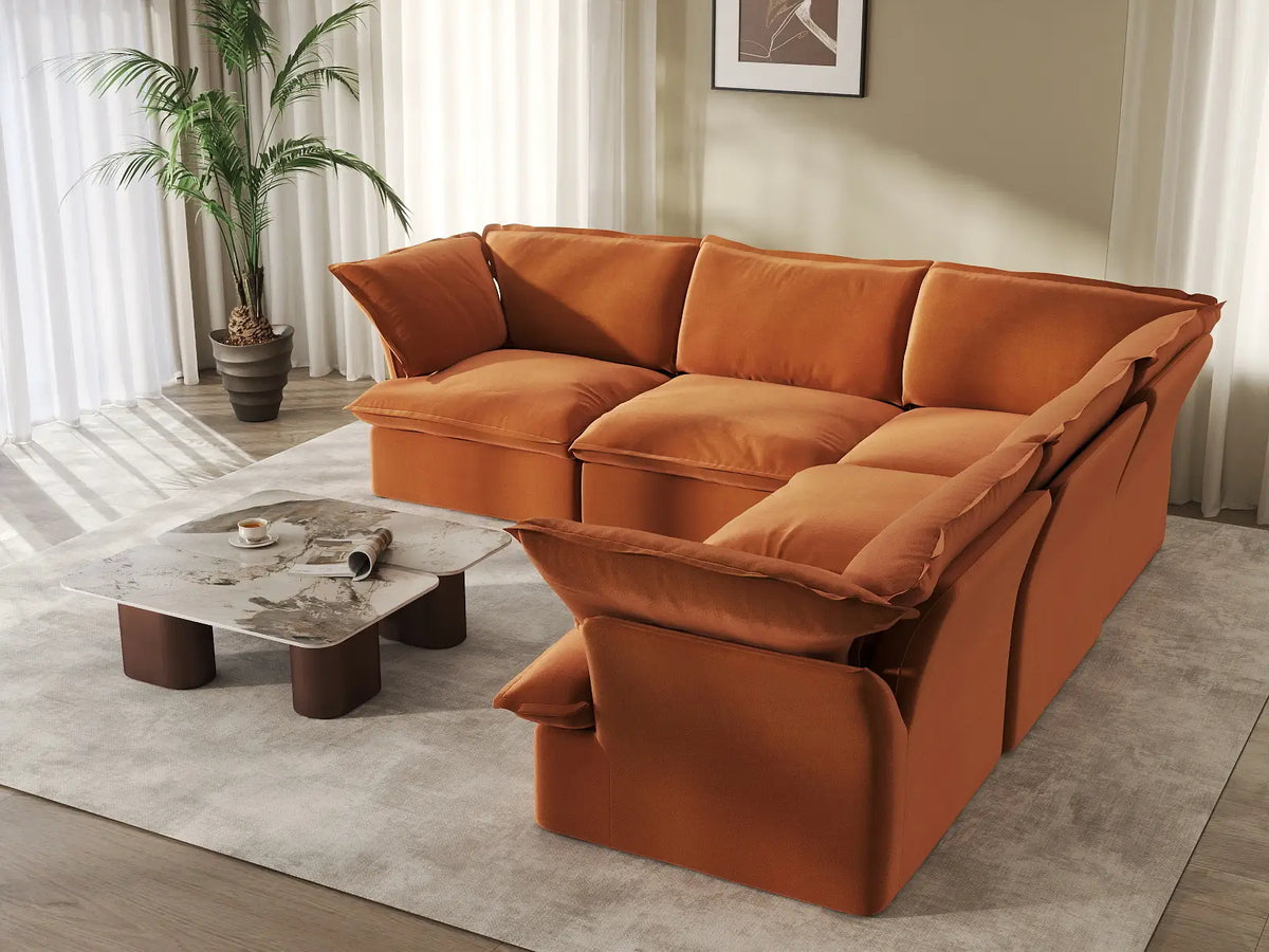 Deluxe Cloud Dark Orange 5-Seater V-Shaped Sofa | 5-Piece, Velvet Fabric, Washable Covers