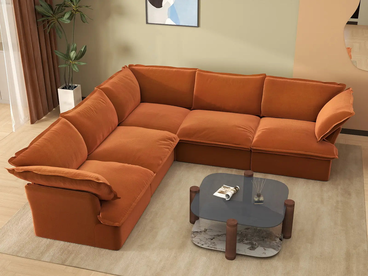 Deluxe Cloud Dark Orange 5-Seater V-Shaped Sofa | 5-Piece, Velvet Fabric, Washable Covers