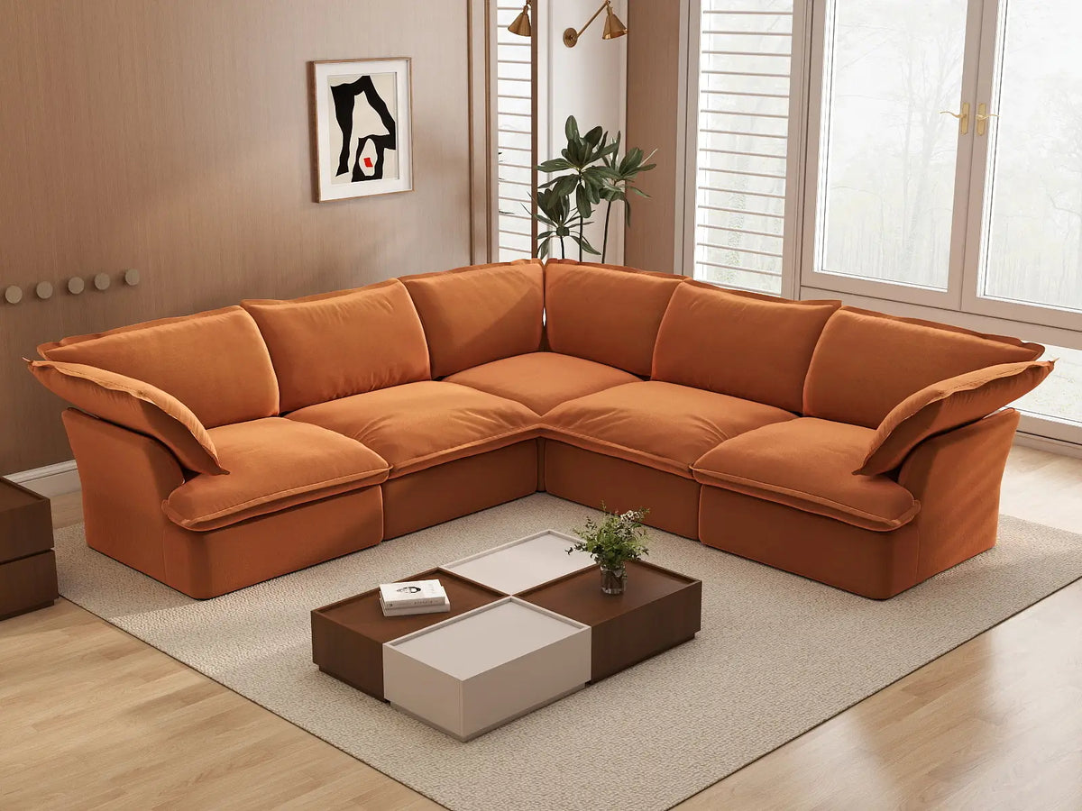 Deluxe Cloud Dark Orange 5-Seater V-Shaped Sofa | 5-Piece, Velvet Fabric, Washable Covers