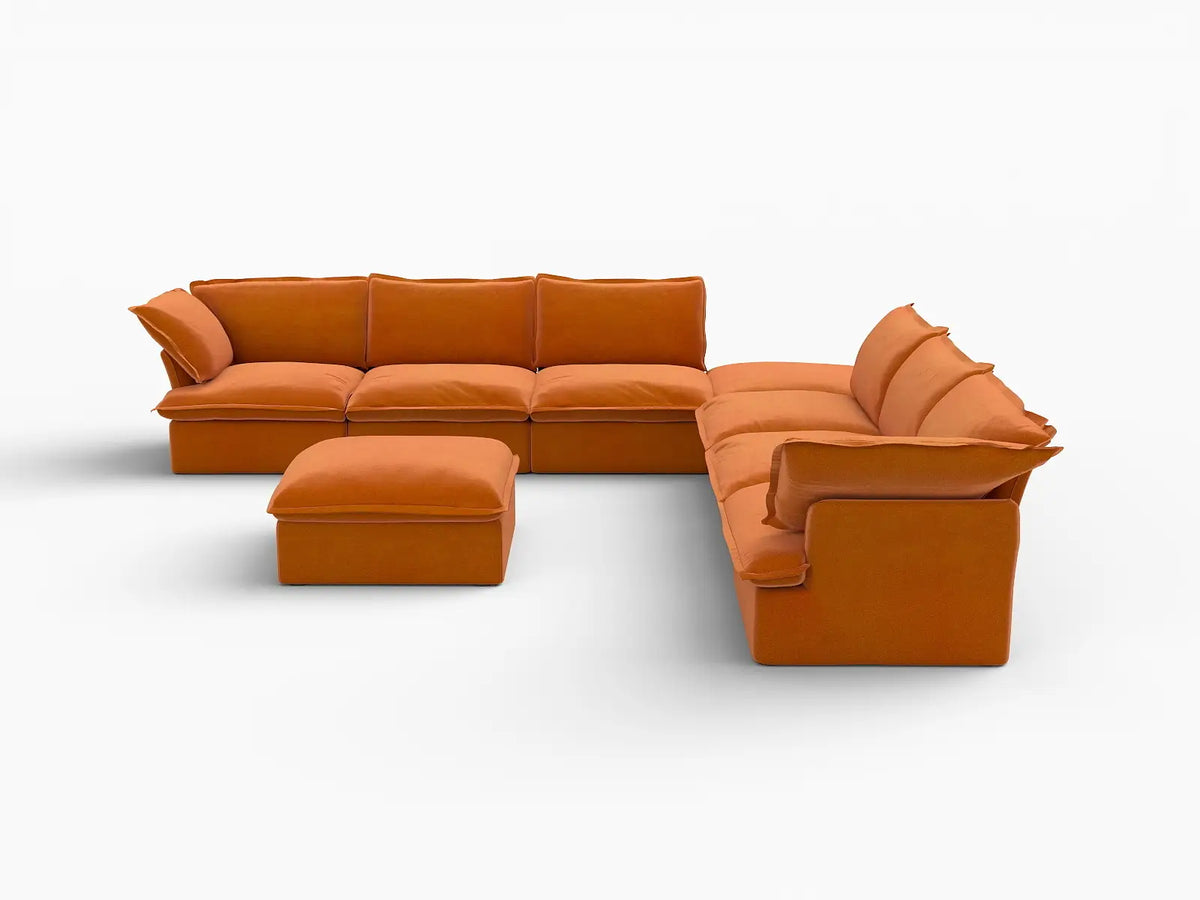 Deluxe Cloud Dark Orange 6-Seater Sofa with Storage | 8-Piece (includes 2 ottomans), Velvet Fabric, Washable Covers