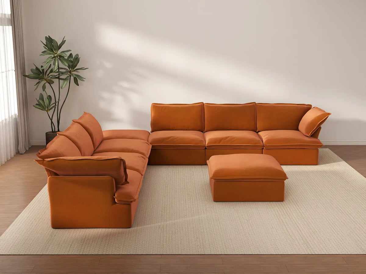 Deluxe Cloud Dark Orange 6-Seater Sofa with Storage | 8-Piece (includes 2 ottomans), Velvet Fabric, Washable Covers