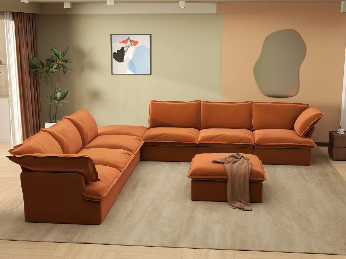 Deluxe Cloud Dark Orange 6-Seater Sofa with Storage | 8-Piece (includes 2 ottomans), Velvet Fabric, Washable Covers