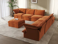 Deluxe Cloud Dark Orange 6-Seater Sofa with Storage | 8-Piece (includes 2 ottomans), Velvet Fabric, Washable Covers