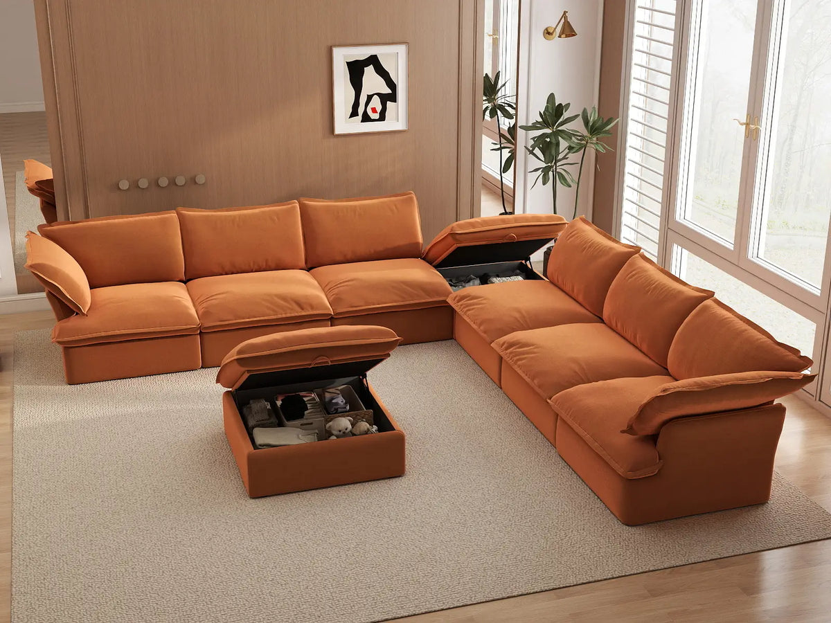 Deluxe Cloud Dark Orange 6-Seater Sofa with Storage | 8-Piece (includes 2 ottomans), Velvet Fabric, Washable Covers