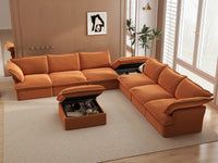 Deluxe Cloud Dark Orange 6-Seater Sofa with Storage | 8-Piece (includes 2 ottomans), Velvet Fabric, Washable Covers