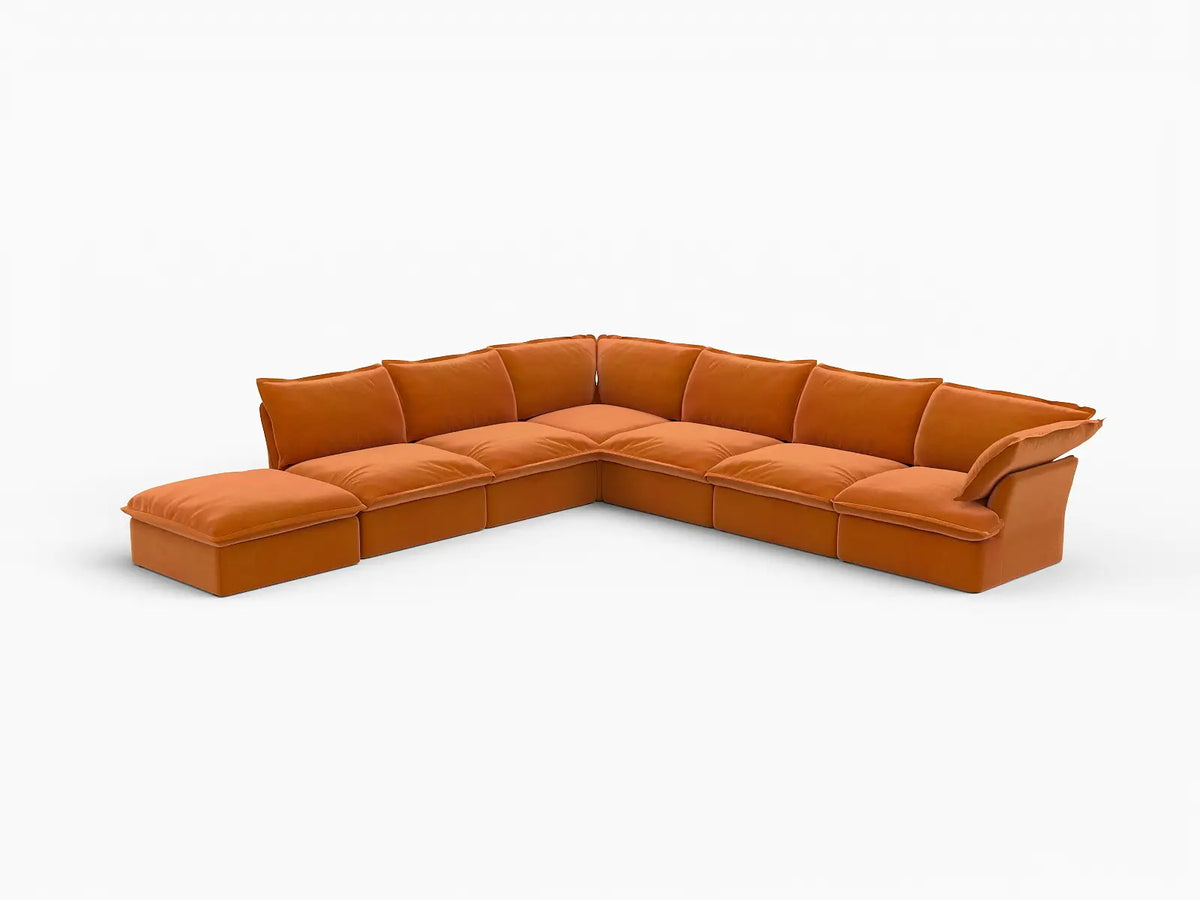 Deluxe Cloud Dark Orange 6-Seater V-Shaped Sofa with Storage | 7-Piece (includes 1 ottoman), Velvet Fabric, Washable Covers