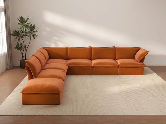 Deluxe Cloud Dark Orange 6-Seater V-Shaped Sofa with Storage | 7-Piece (includes 1 ottoman), Velvet Fabric, Washable Covers