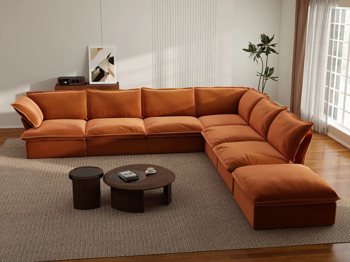 Deluxe Cloud Dark Orange 6-Seater V-Shaped Sofa with Storage | 7-Piece (includes 1 ottoman), Velvet Fabric, Washable Covers