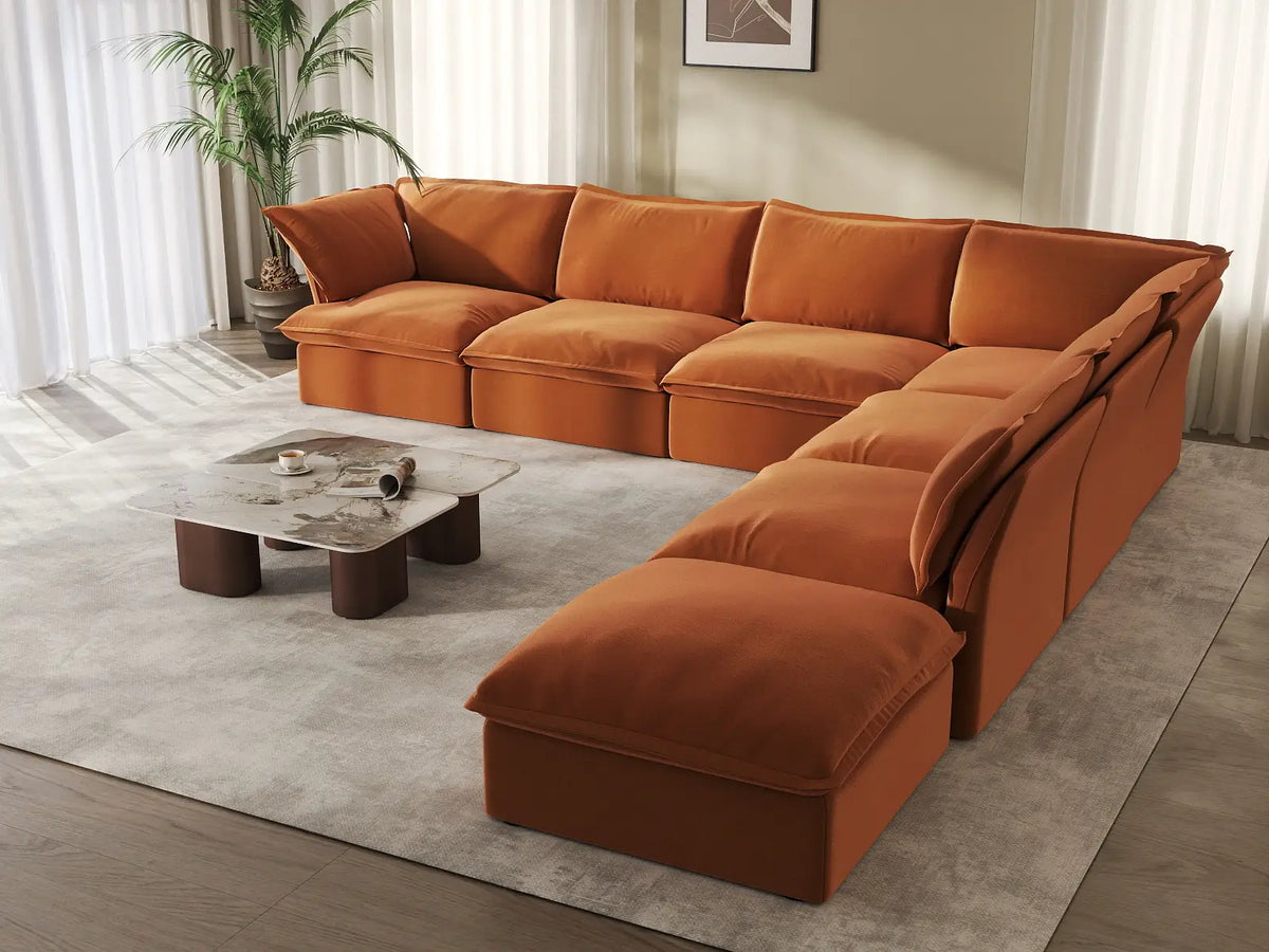 Deluxe Cloud Dark Orange 6-Seater V-Shaped Sofa with Storage | 7-Piece (includes 1 ottoman), Velvet Fabric, Washable Covers