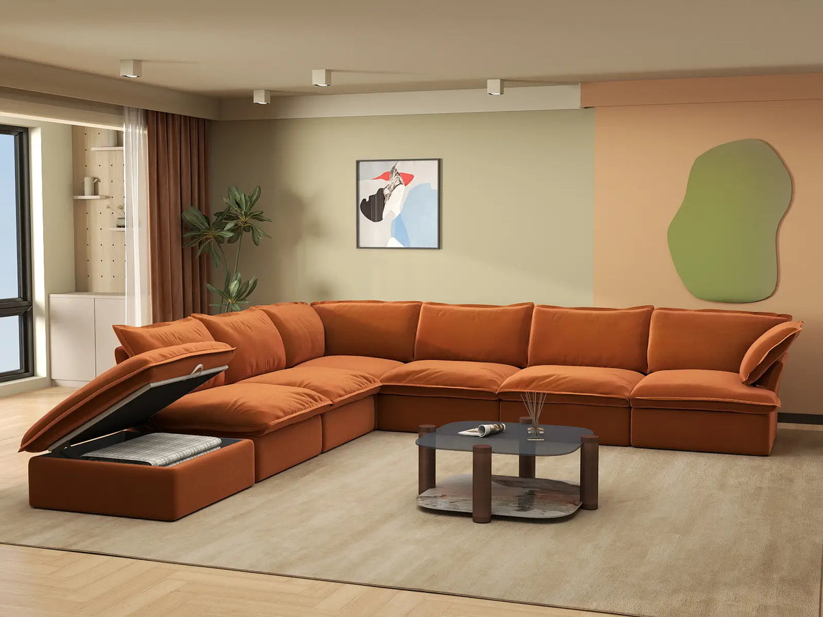 Deluxe Cloud Dark Orange 6-Seater V-Shaped Sofa with Storage | 7-Piece (includes 1 ottoman), Velvet Fabric, Washable Covers