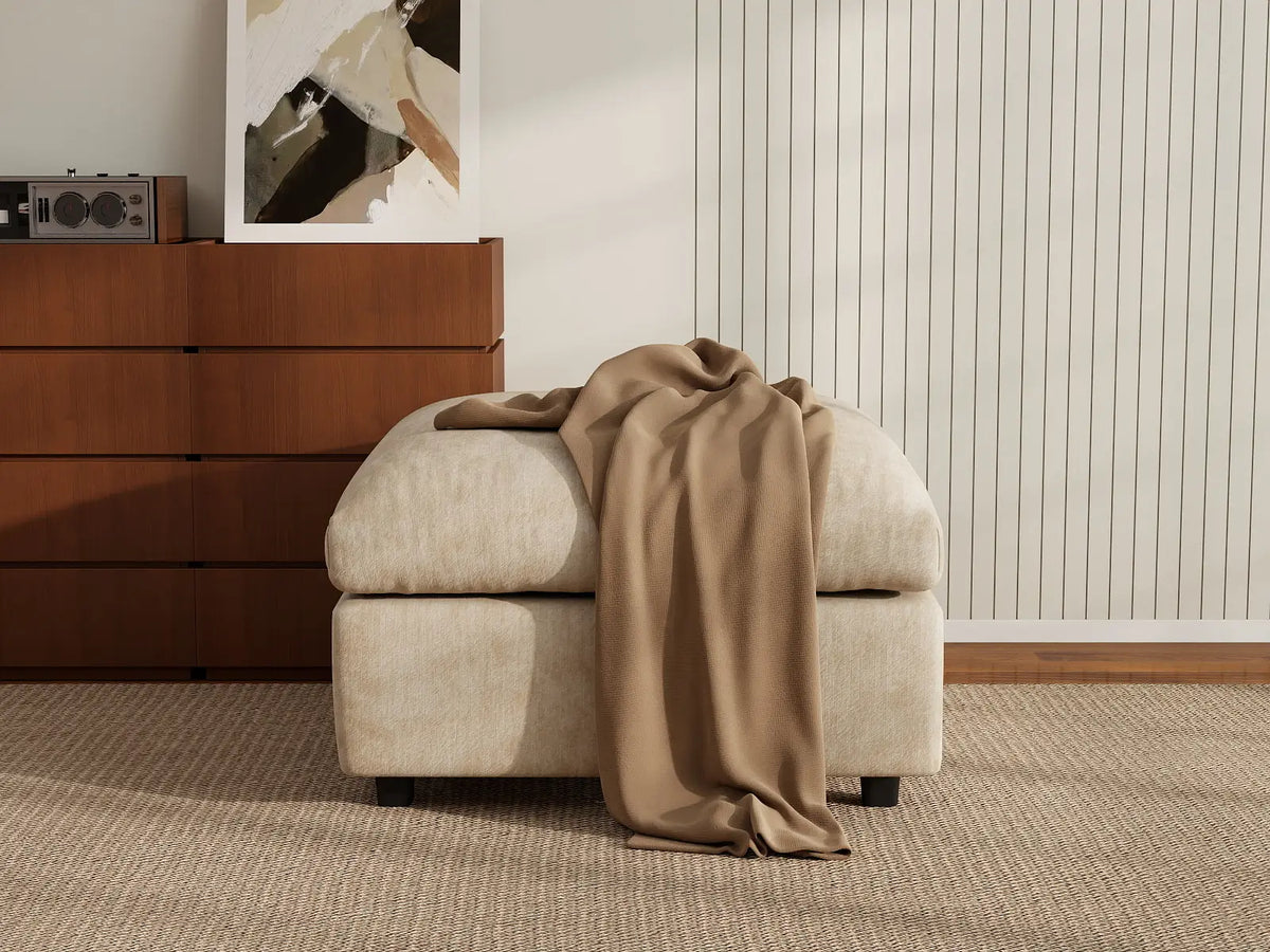 Deluxe Cloud Khaki Ottoman | 1-Piece (Includes 1 Ottoman), Linen-Blend Chenille Fabric, Easy To Clean