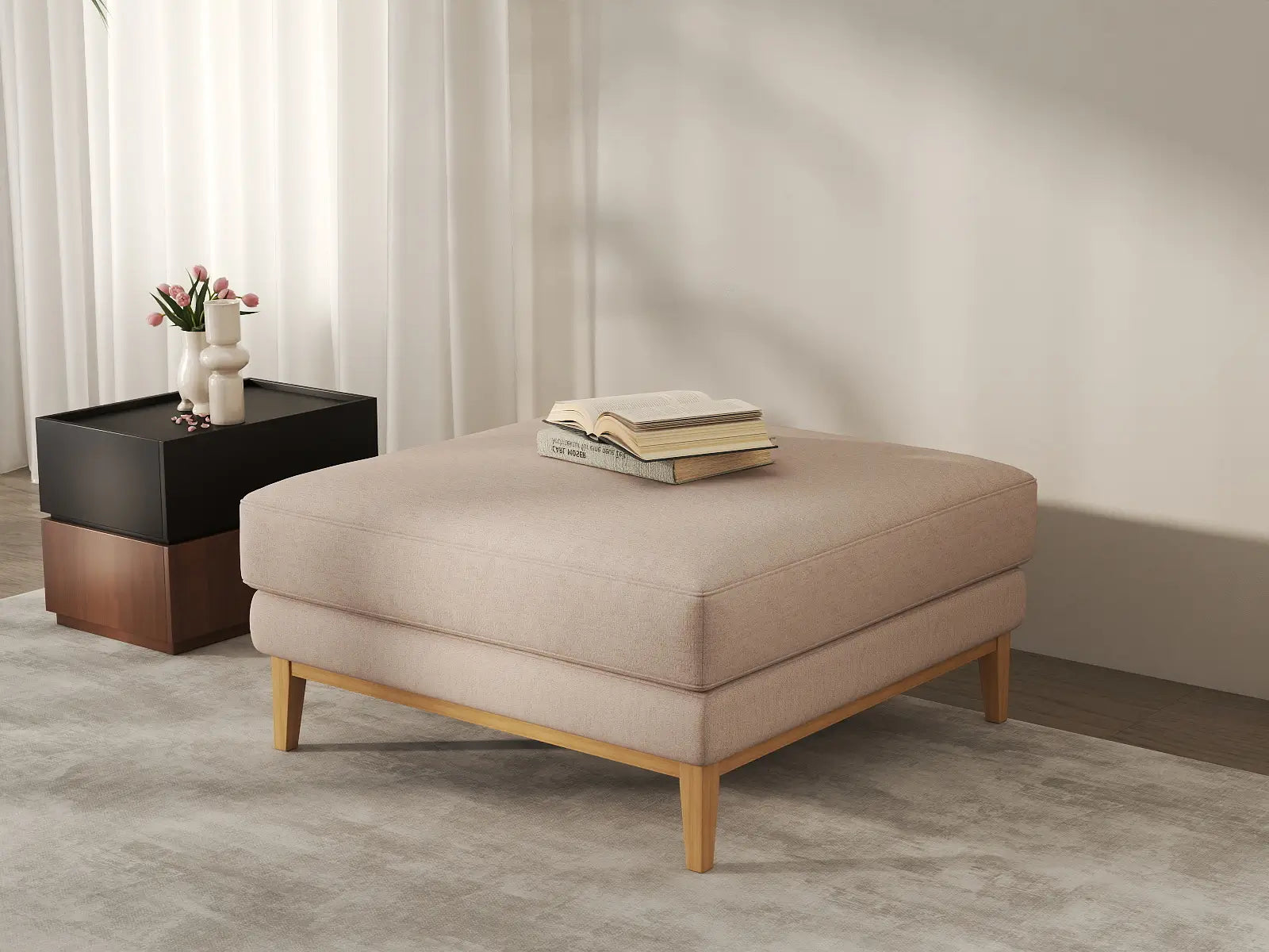 Deluxe Cloud Khaki Ottoman | 1-Piece (Includes 1 Ottoman), Linen Look Poly Fabric, Washable Cushion Covers