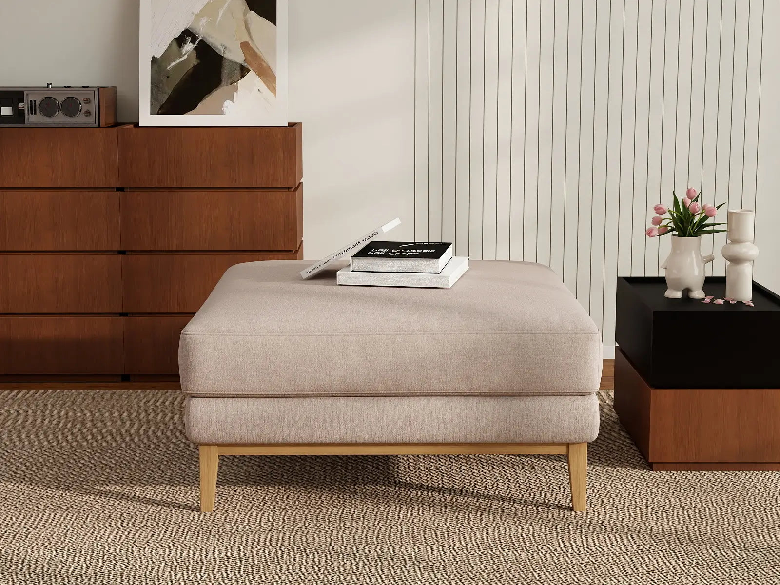 Deluxe Cloud Khaki Ottoman | 1-Piece (Includes 1 Ottoman), Linen Look Poly Fabric, Washable Cushion Covers