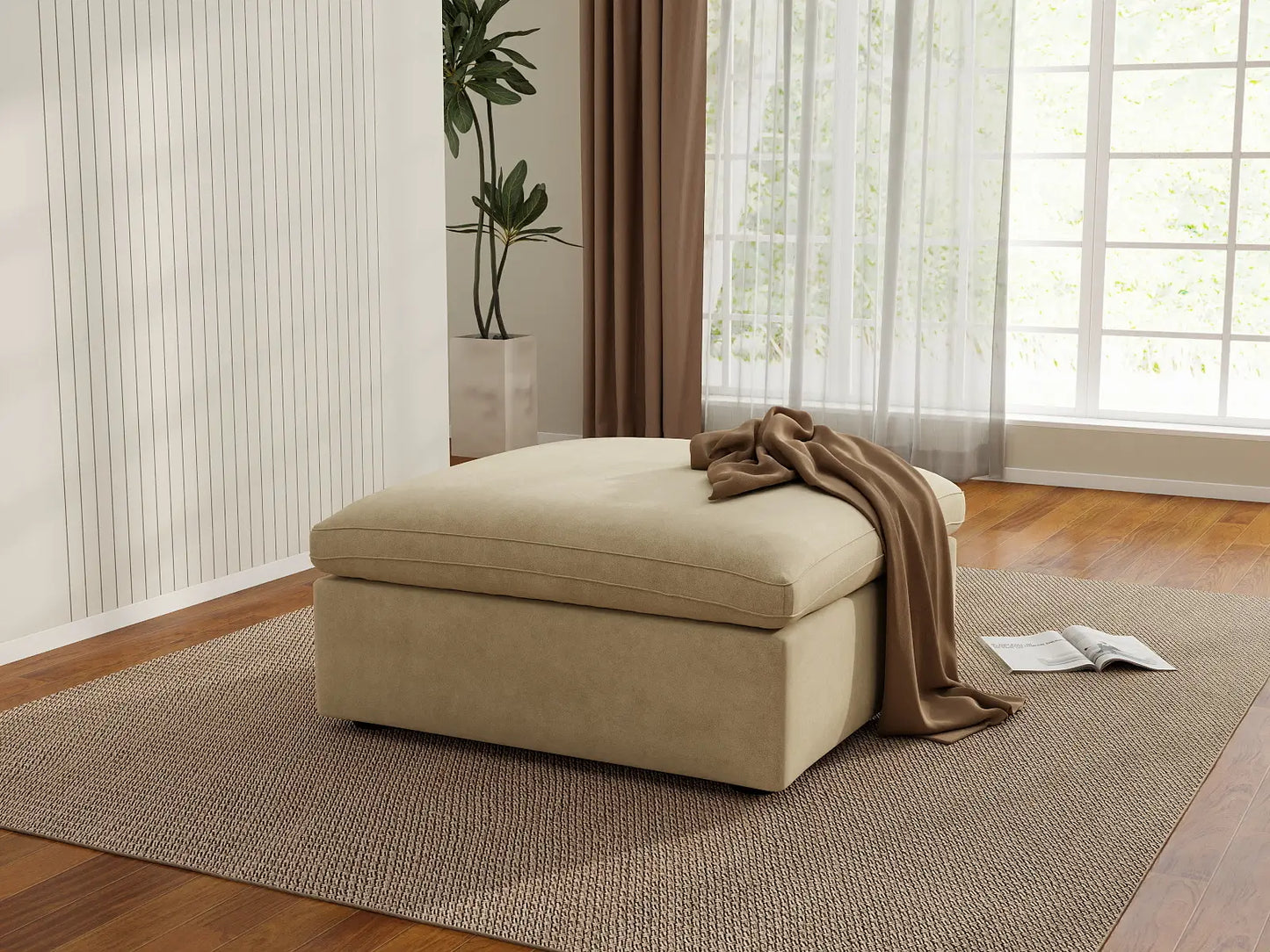 Deluxe Cloud Ottoman in Beige Velvet | 1-Piece (Includes 1 Ottoman), Living Room Accent, Easy To Clean, Small Space