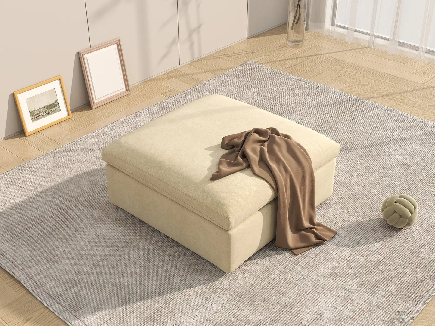 Deluxe Cloud Ottoman in Beige Velvet | 1-Piece (Includes 1 Ottoman), Living Room Accent, Easy To Clean, Small Space