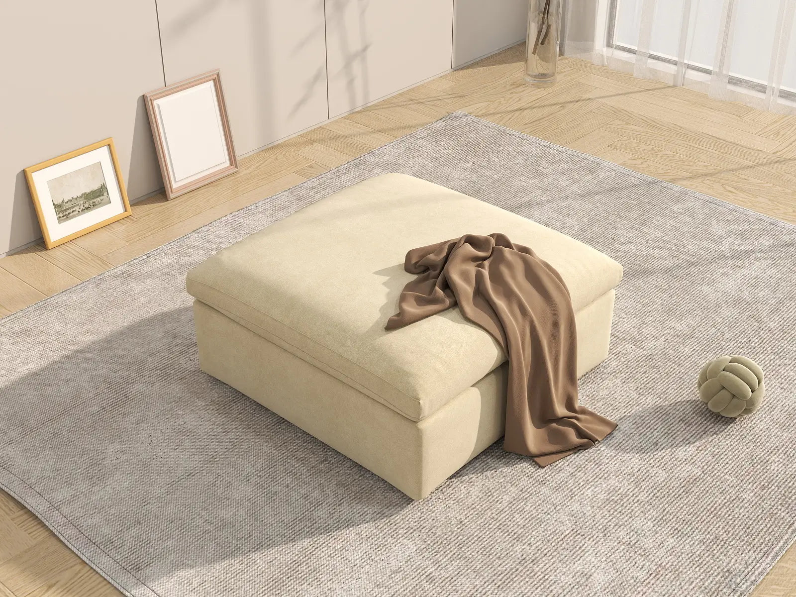 Deluxe Cloud Ottoman in Beige Velvet | 1-Piece (Includes 1 Ottoman), Living Room Accent, Easy To Clean, Small Space