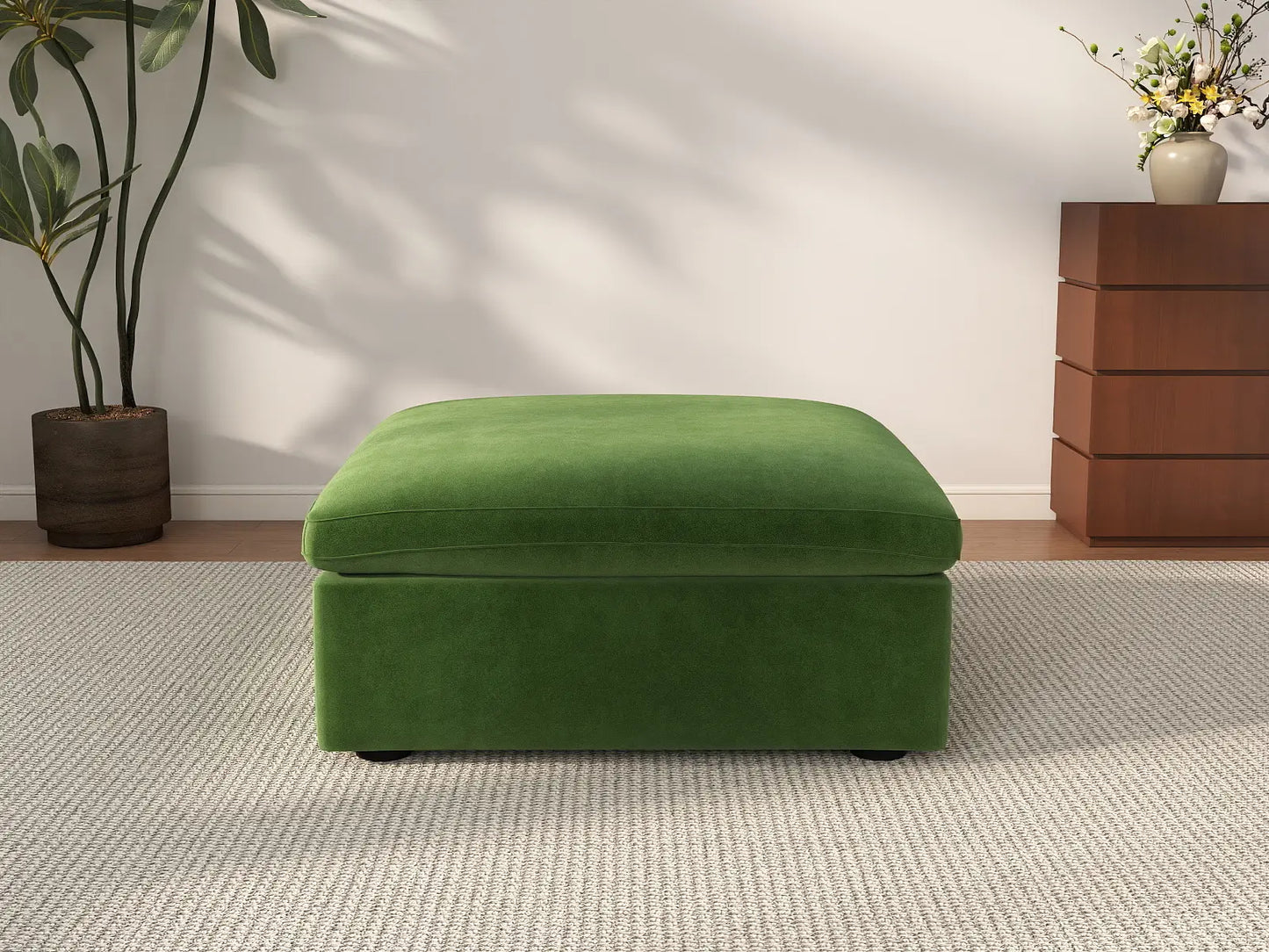 Deluxe Cloud Ottoman in Earth Green Velvet | 1-Piece (Includes 1 Ottoman), Living Room Accent, Easy To Clean, Contemporary Style