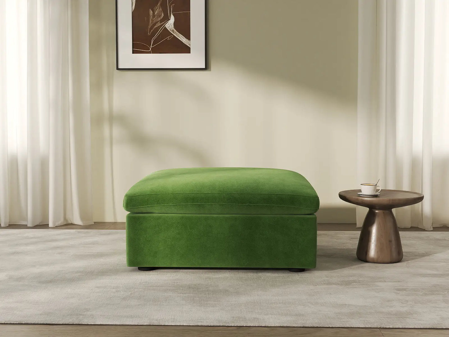 Deluxe Cloud Ottoman in Earth Green Velvet | 1-Piece (Includes 1 Ottoman), Living Room Accent, Easy To Clean, Contemporary Style