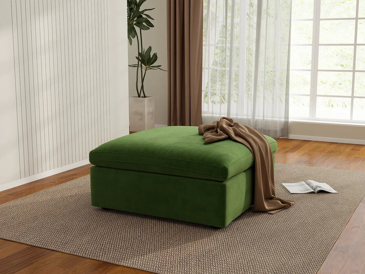 Deluxe Cloud Ottoman in Earth Green Velvet | 1-Piece (Includes 1 Ottoman), Living Room Accent, Easy To Clean, Contemporary Style