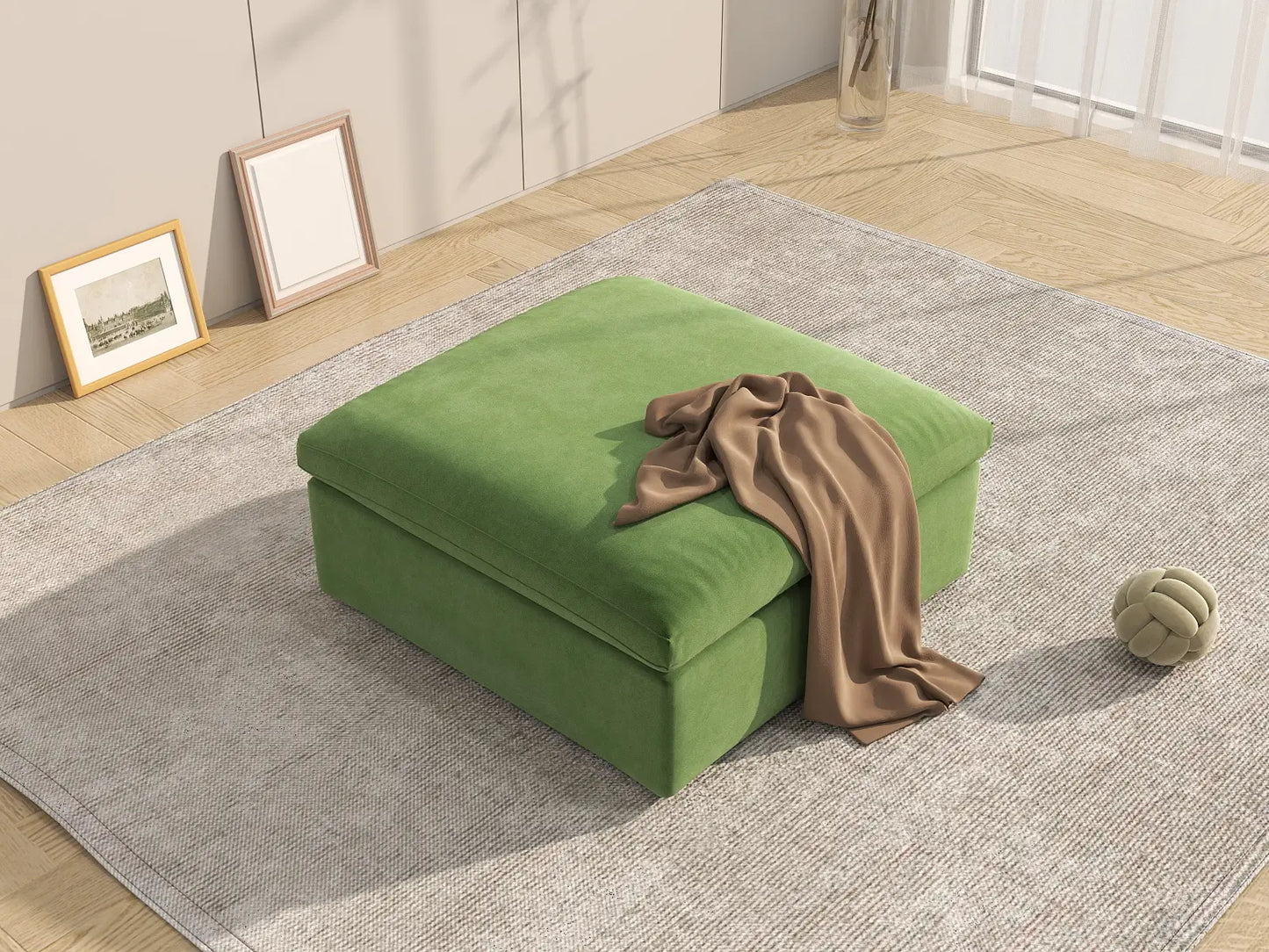 Deluxe Cloud Ottoman in Earth Green Velvet | 1-Piece (Includes 1 Ottoman), Living Room Accent, Easy To Clean, Contemporary Style