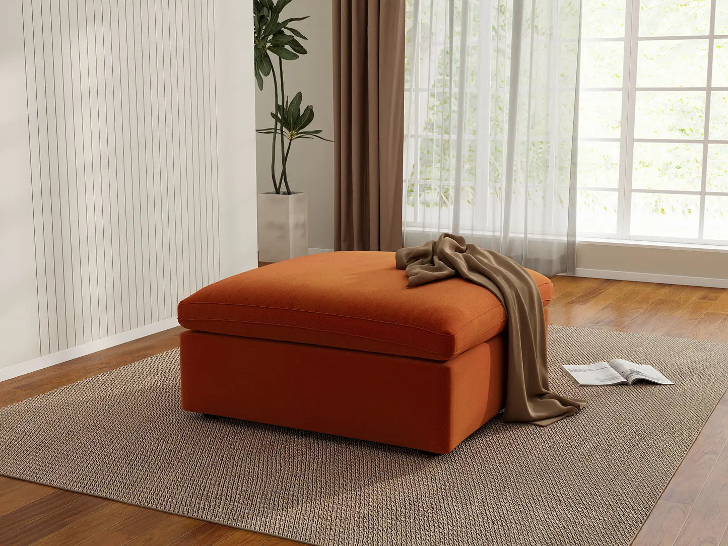 Deluxe Cloud Ottoman in Orange Velvet | 1-Piece (Includes 1 Ottoman), Living Room Accent, Easy To Clean, Modern Style