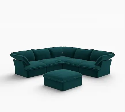 Sofá de 5 plazas Deluxe Cloud Turquesa con Almacenamiento | 6 piezas (incluye 1 otomana), Tejido de Terciopelo, Fundas Lavables