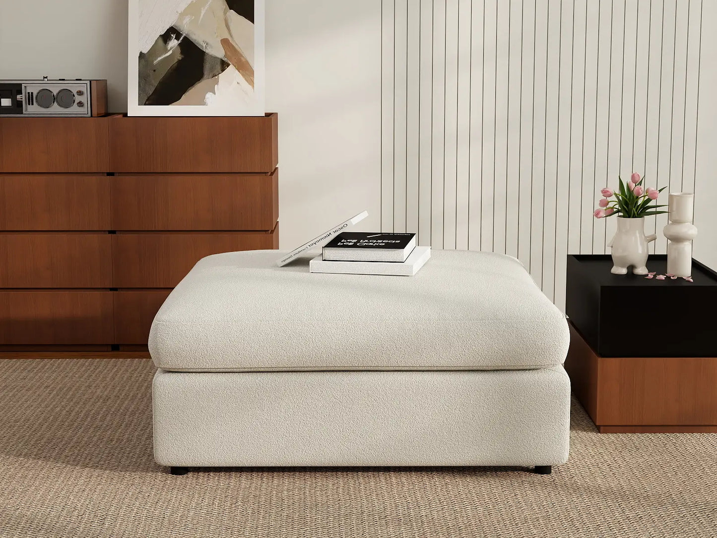 Deluxe Cloud White Ottoman | 1-Piece (Includes 1 Ottoman), Bouclé Sherpa-Like Fabric, Easy To Clean