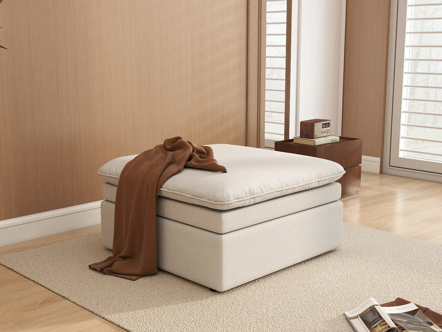 Deluxe Cloud White Ottoman | 1-Piece (Includes 1 Ottoman), Linen Look Poly Fabric, Easy To Clean