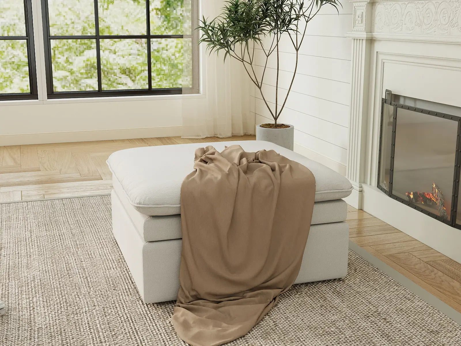 Deluxe Cloud White Ottoman | 1-Piece (Includes 1 Ottoman), Linen Look Poly Fabric, Easy To Clean