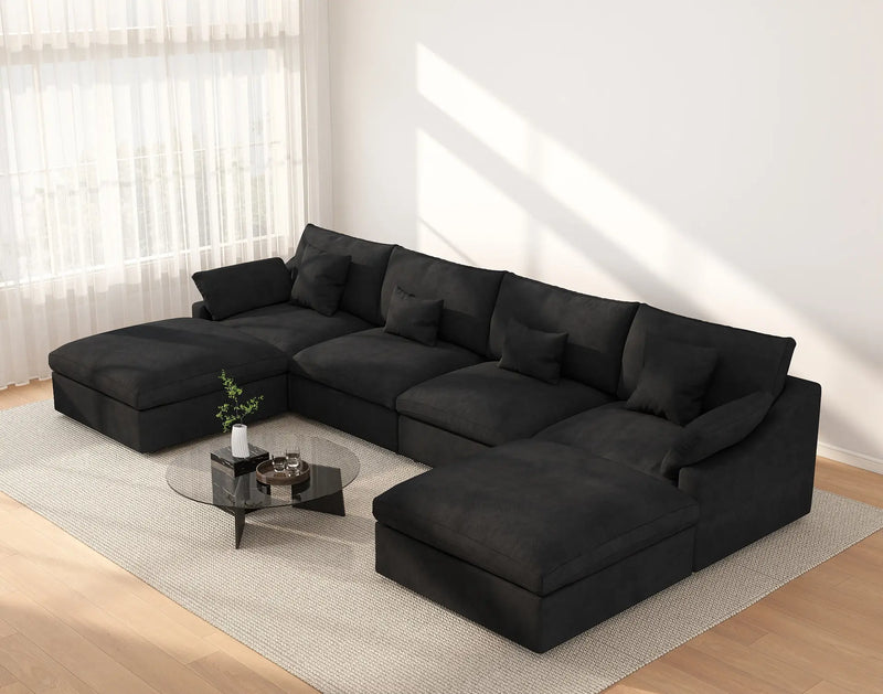 Deluxe Slope Cloud Sectional Sofas | 6-Piece Linen Black U-shaped Sectionals 160" Adjustable Backrest Pillows 4-seater