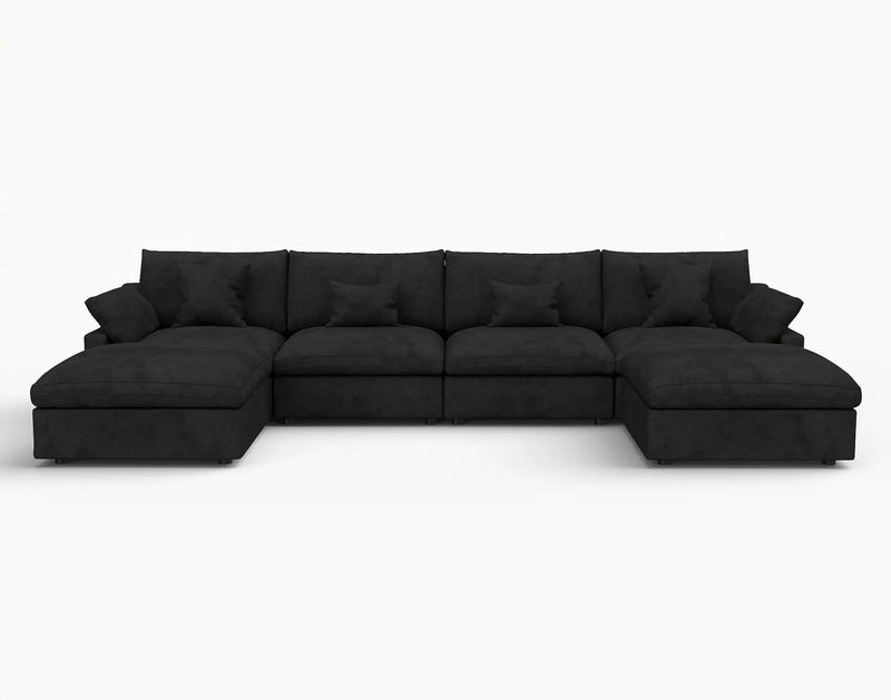 Deluxe Slope Cloud Sectional Sofas | 6-Piece Linen Black U-shaped Sectionals 160" Adjustable Backrest Pillows 4-seater