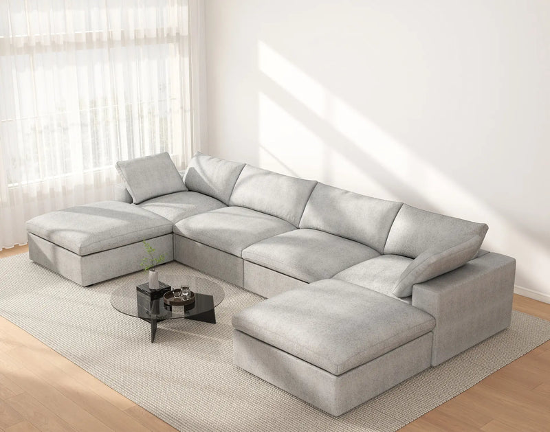 Deluxe Premium Cloud Sectional Sofas | 6-Piece Cotton and Linen Light Grey U-shaped Sectionals 160" Removable & Washable Covers 4-seater