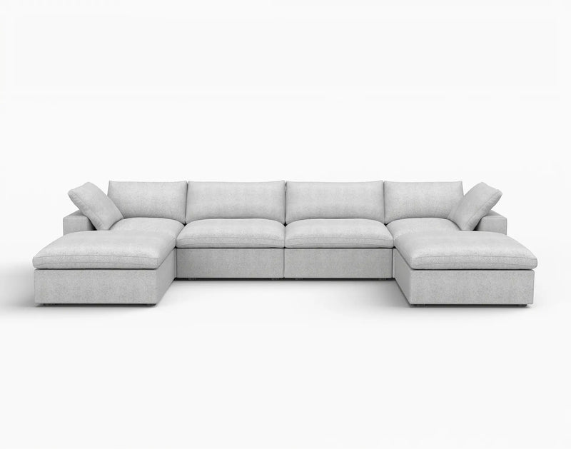 Deluxe Premium Cloud Sectional Sofas | 6-Piece Cotton and Linen Light Grey U-shaped Sectionals 160" Removable & Washable Covers 4-seater
