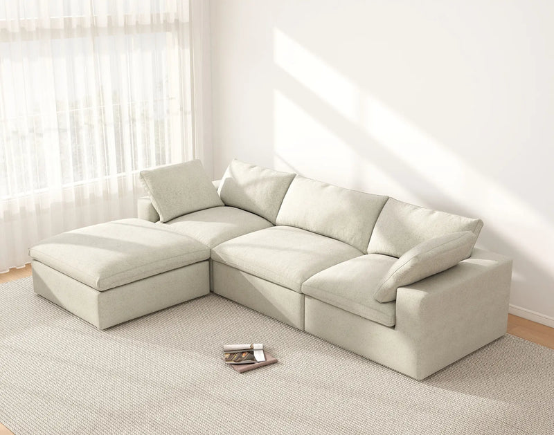 Deluxe Premium Cloud Sectional Sofas | 4-Piece Cotton and Linen Khaki L-Shaped Sectionals 120" Cloud-Like Comfort 3-seater