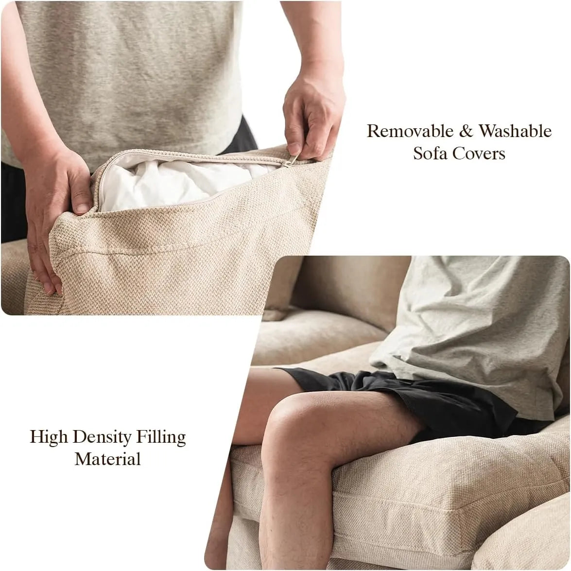 Deluxe Cloud 3-Seater Khaki Washable L-Shaped Sectional | 4-Piece (includes 1 Ottoman), Chenille and Linen Fabric, Modular Design