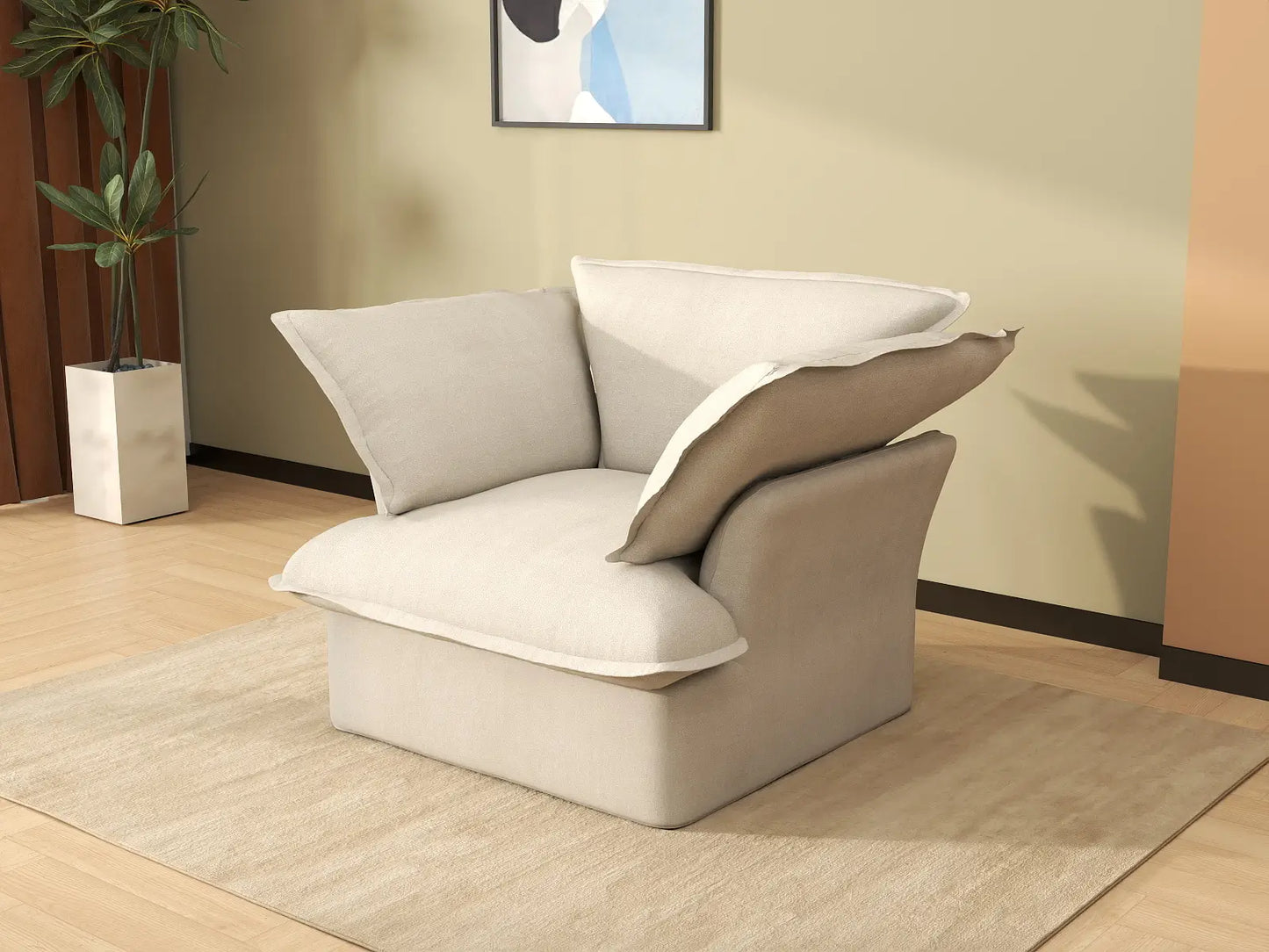 Deluxe Cloud 1-Seater Beige Washable Single Sofa | 1-Piece, Linen and Cotton Fabric, Modular Design