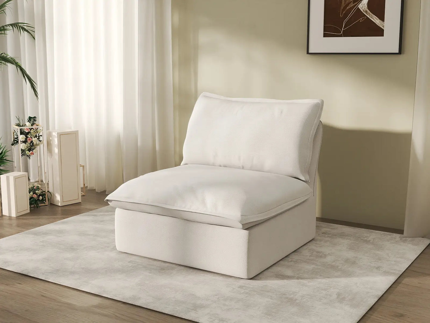 Deluxe Cloud 1-Seater White Washable Single Sofa | 1-Piece, Linen and Cotton Fabric, Modular Design