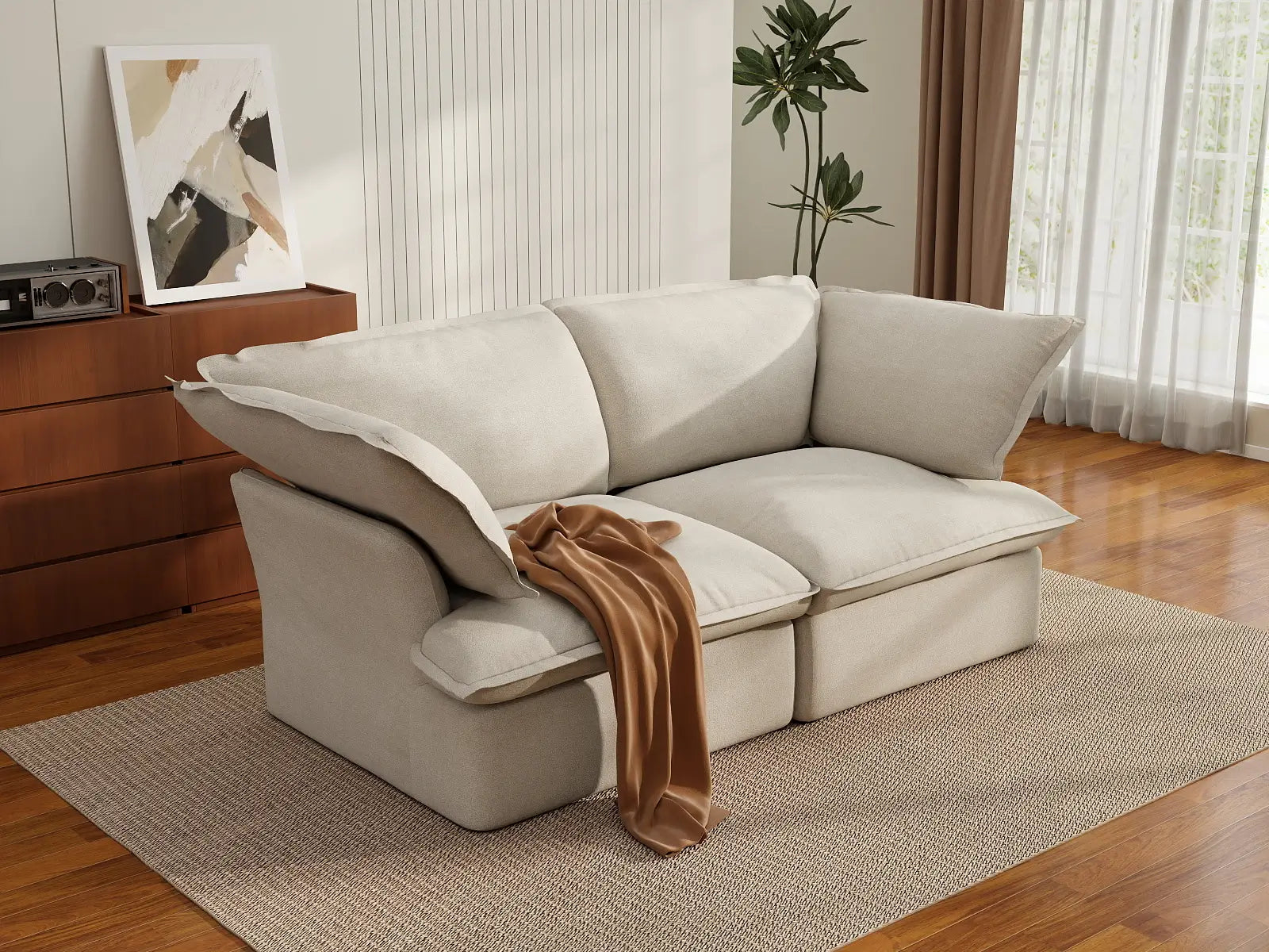 Deluxe Cloud 2-Seater Beige Washable Loveseat | 2-Piece, Linen and Cotton Fabric, Modular Design